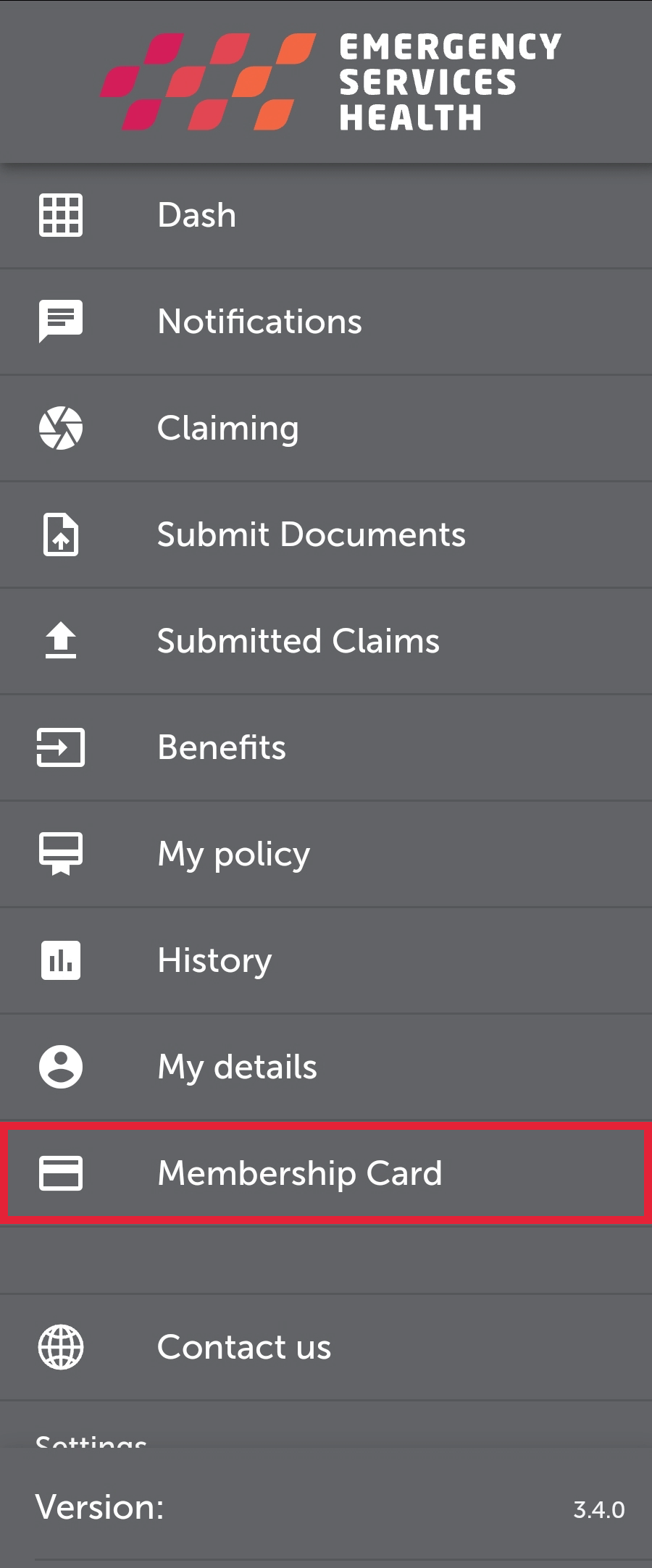Emergency Services Health app menu