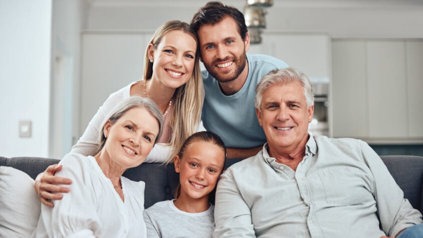 A family sitting on a couch